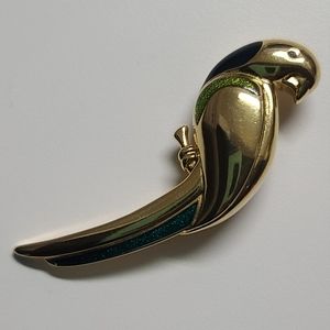 Liz Claiborne goldtone and green enamel bird brooch